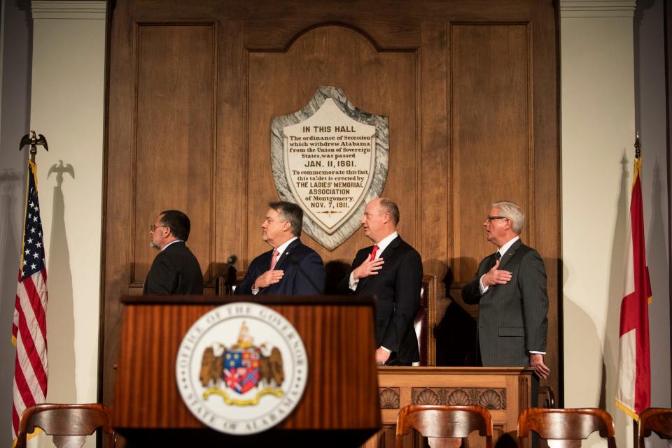 Speaker Pro Tempore Chris Pringle, from left, Speaker of the House Nathaniel Ledbetter, Lt. Gov. Will Ainsworth and President Pro Tempore Greg Reed during the State of the State address at the Alabama State Capitol in Montgomery, Ala., on Tuesday, Feb. 6, 2024.