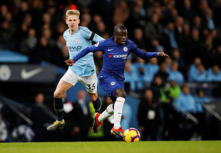 Soccer Football - Premier League - Manchester City v Chelsea - Etihad Stadium, Manchester, Britain - February 10, 2019 Manchester City's Oleksandr Zinchenko in action with Chelsea's N'Golo Kante. Action Images via Reuters/Carl Recine