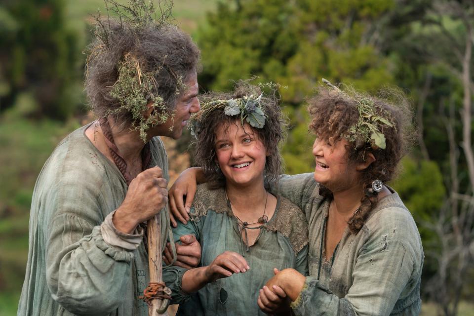 Largo (Dylan Smith, left), Nori (Markella Kavenagh) and Poppy (Megan Richards) are carefree harfoots whose lives are about to be changed.