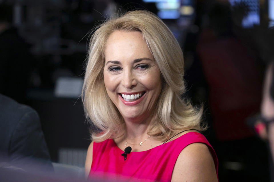 FILE - In this Oct. 22, 2018, file photo, former CIA operative Valerie Plame is interviewed on the floor of the New York Stock Exchange. New Mexico congressional candidate and former CIA operative Valerie Plame is wading into the discussion about President Trump's rationale for ordering the killing of a top Iranian general. Plame on Wednesday, Jan. 8, 2020, questioned Trump's justification for ordering the attack and said the lives of thousands of American troops are at risk. (AP Photo/Richard Drew, File)