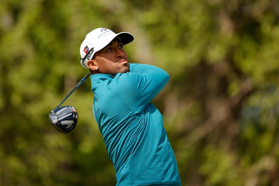 Willie Mack III hits a tee shot on the 1st hole during the final round of the HomeTown Lenders Championship at The Ledges on April 30, 2023 in Huntsville, Alabama.