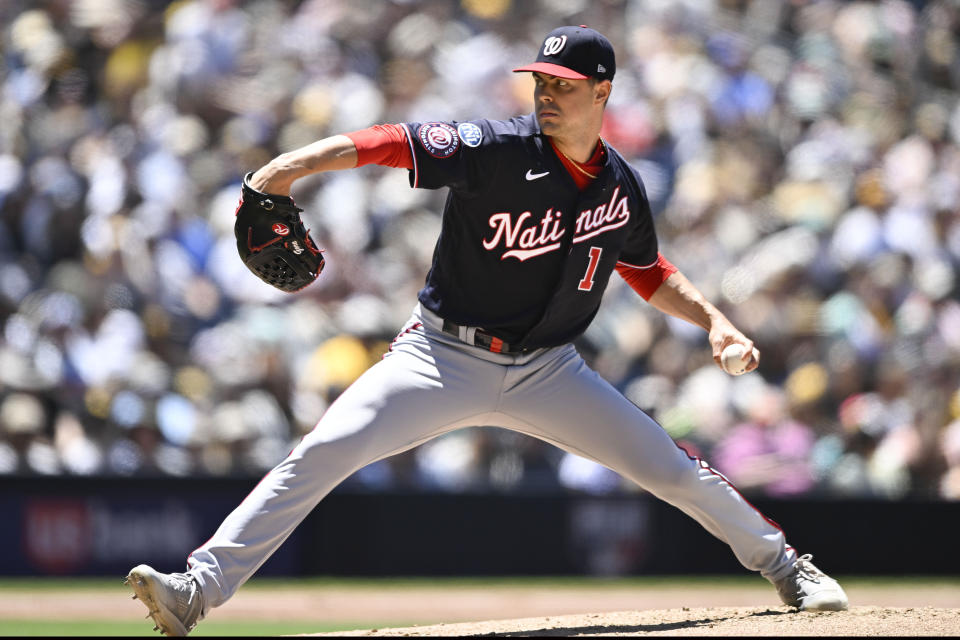 Washington Nationals starting pitcher MacKenzie Gore delivers during the third inning of a baseball game against the San Diego Padres, Sunday, June 25, 2023, in San Diego. (AP Photo/Denis Poroy)