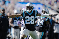 Carolina Panthers cornerback Keith Taylor (28) celebrates breaking up a pass against the Minnesota Vikings during the second half of an NFL football game, Sunday, Oct. 17, 2021, in Charlotte, N.C. (AP Photo/Jacob Kupferman)