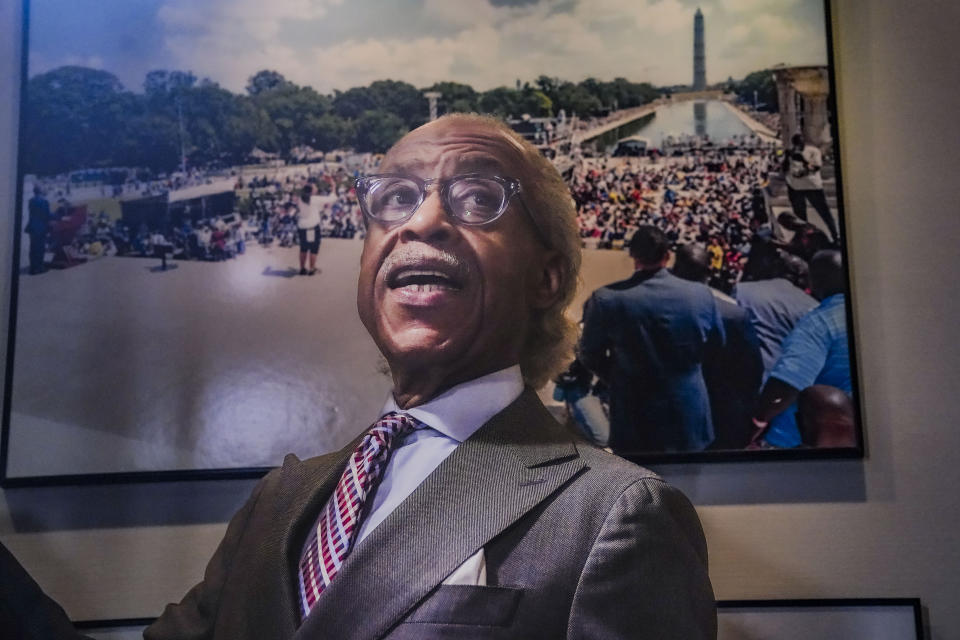 The Rev. Al Sharpton, who will participate in the 60th anniversary of the March on Washington on Aug. 26, speaks during an interview at his office about the event, Monday July 31, 2023, in New York. 2023 is at least the third time that Sharpton has organized a commemoration of the Aug. 28, 1963 March on Washington. (AP Photo/Bebeto Matthews)