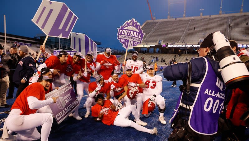 Fresno State celebrates its win over Boise State in an NCAA college football game for the Mountain West championship, Saturday, Dec. 3, 2022, in Boise, Idaho.