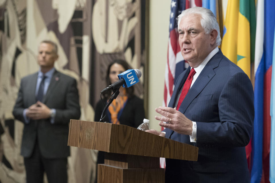 U.S. Secretary of State Rex Tillerson speaks to reporters after a high-level Security Council meeting on the situation in North Korea on Dec. 15, 2017, at United Nations headquarters. (Photo: Mary Altaffer/AP)