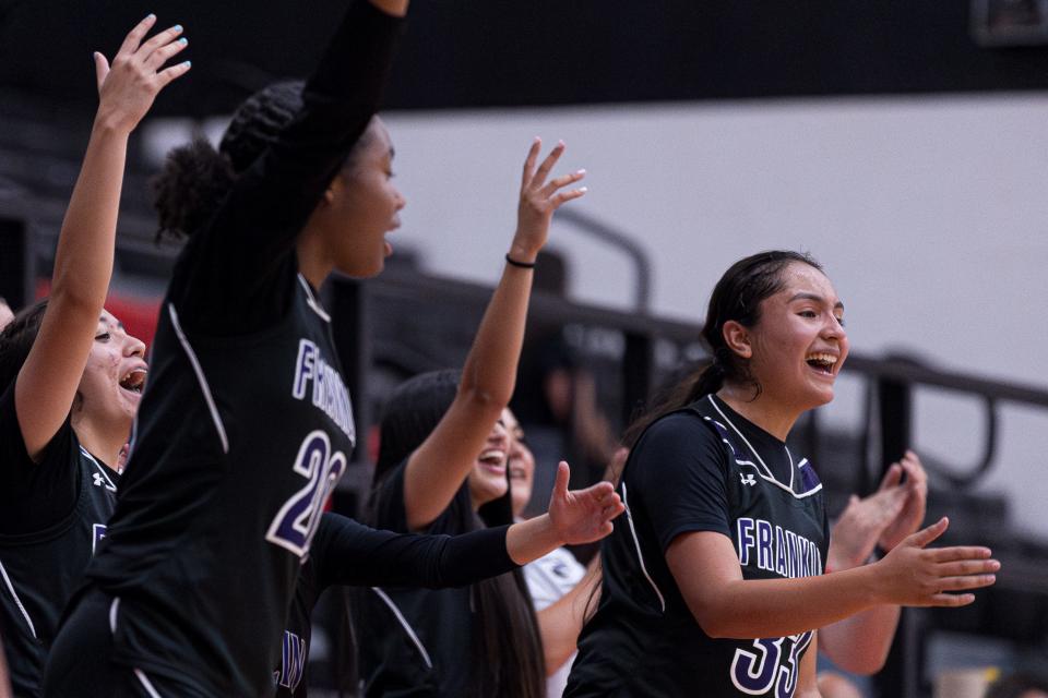 Franklin girl's basketball celebrate at a game against Hanks on Tuesday, Nov. 7, 2023, at Hanks High School.