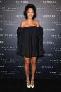 <p>In an off-the-shoulder Calvin Klein dress and white pointed-toe shoes at the Fenty Beauty launch in Paris.</p>