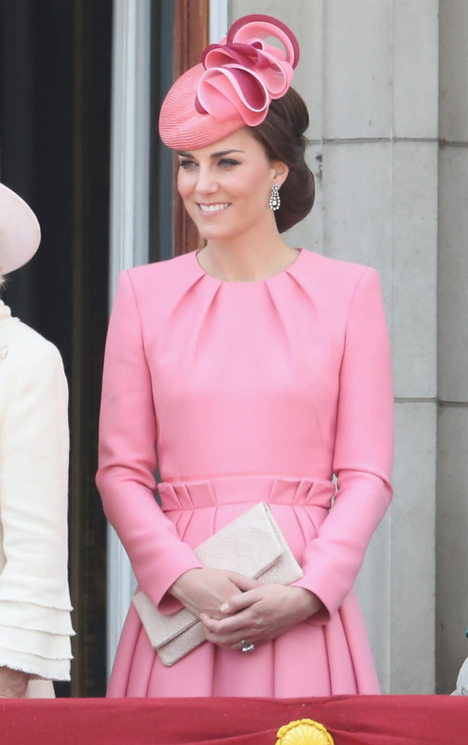 In an unsurprising move, the Duchess of Cambridge looked to Alexander McQueen for her most recent appearance on the Buckingham Palace balcony. (Getty Images)