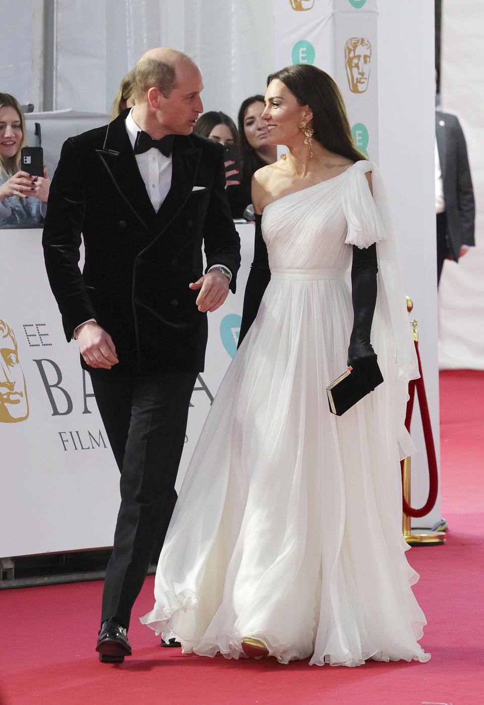 Britain's Prince William, left and Kate, the Princess of Wales arrive to attend the BAFTA Film Awards 2023, at The Royal Festival Hall, in London, Sunday, Feb. 19, 2023. (Chris Jackson/Pool Photos via AP)