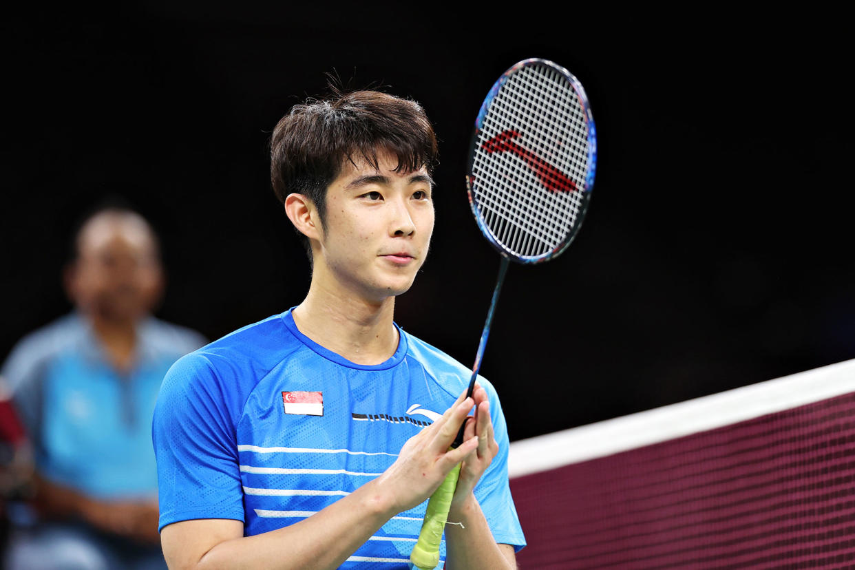 Singapore shuttler Loh Kean Yew celebrates winning a match at the 2022 Commonwealth Games. 