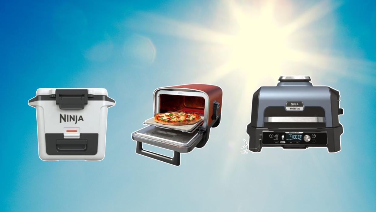  Ninja outdoor accessories including a cooler, pizza oven, and grill on a sunny blue sky background. 