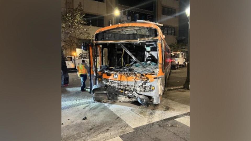 PHOTO: Officials said a Metro bus crashed into a downtown Los Angeles hotel after it was hijacked on March 20, 2024. (LAPD)