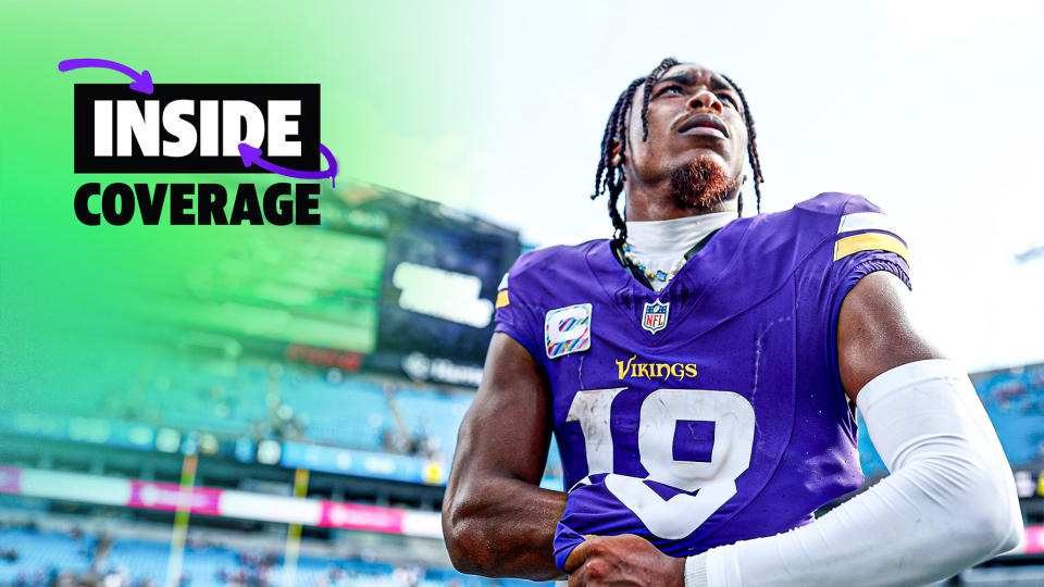 CHARLOTTE, NORTH CAROLINA - OCTOBER 01: Justin Jefferson #18 of the Minnesota Vikings watches their game against the Carolina Panthers at Bank of America Stadium on October 1, 2023 in Charlotte, North Carolina.  (Photo by Jared C. Tilton/Getty Images)