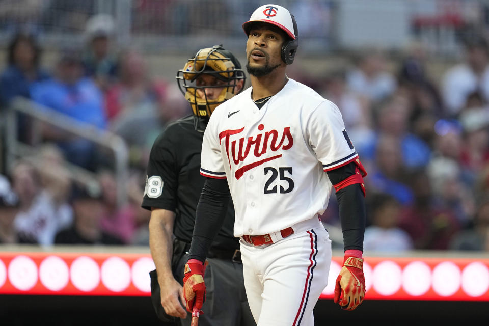 Minnesota Twins' Byron Buxton (25) reacts after striking out during the sixth inning of a baseball game against the Detroit Tigers, Friday, June 16, 2023, in Minneapolis. (AP Photo/Abbie Parr)