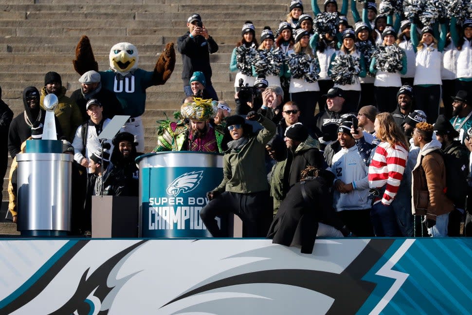 Center Jason Kelce speaks at a ceremony honoring the Philadelphia Eagles Super Bowl win on February 8, 2018 in Philadelphia, Pennsylvania.