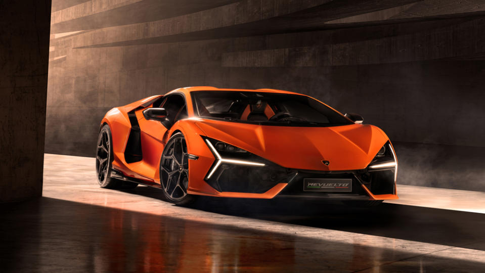 Lamborghini's new Revuelto, the roughly 1,000 hp hybrid that pairs a naturally aspirated V-12 with three electric motors. 