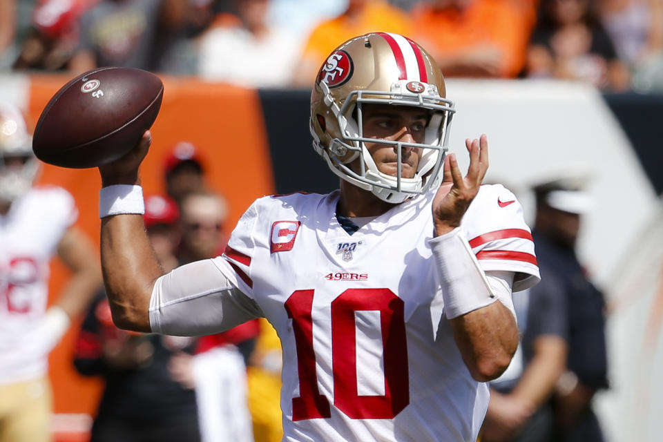 San Francisco 49ers quarterback Jimmy Garoppolo passes during the first half an NFL football game against the Cincinnati Bengals, Sunday, Sept. 15, 2019, in Cincinnati. (AP Photo/Frank Victores)