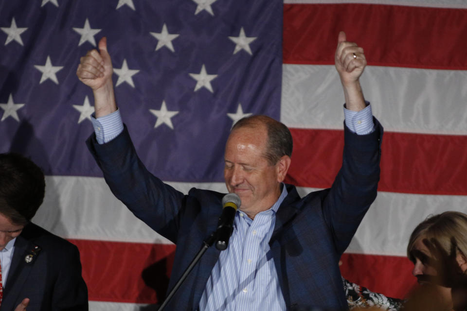 North Carolina 9th district Republican congressional candidate Dan Bishop celebrates his victory in Monroe, N.C., Tuesday, Sept. 10, 2019. (AP Photo/Nell Redmond)