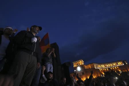 Armenian opposition leader Nikol Pashinyan delivers a speech after Armenian Prime Minister Serzh Sarksyan resigned following almost two weeks of mass street protests, in central Yerevan, Armenia April 23, 2018. REUTERS/Vahram Baghdasaryan/Photolure