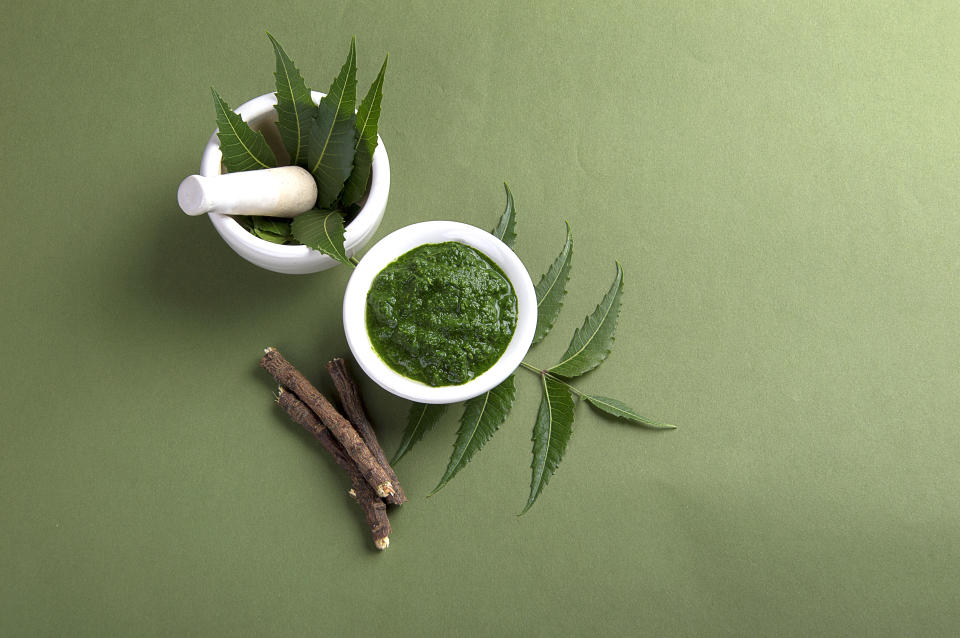 Medicinal Neem leaves in mortar and pestle with neem paste and twigs on green background