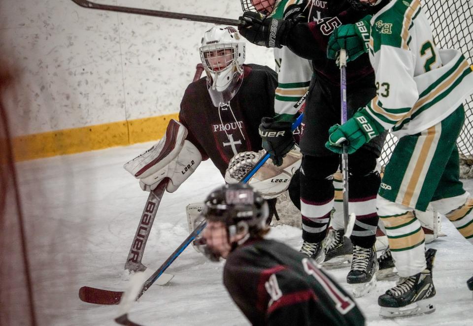 Prout goalie Evangelista tallied 44 saves against defending champion Bishop Hendricken on Friday night, helping his Crusaders to a 4-2 victory.