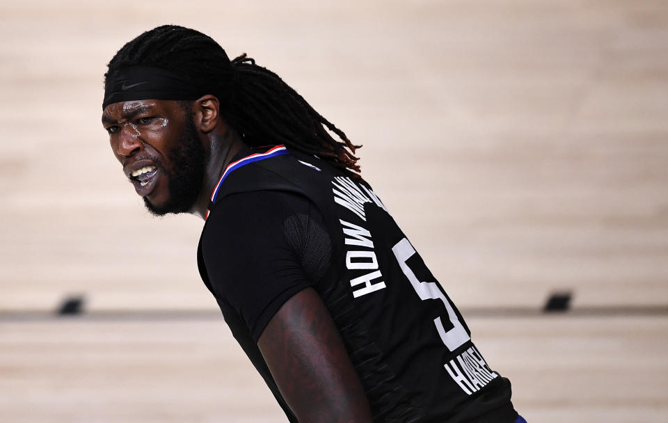 Montrezl Harrell #5 of the LA Clippers reacts during the fourth quarter against the Denver Nuggets in Game One of the Western Conference Second Round during the 2020 NBA Playoffs.