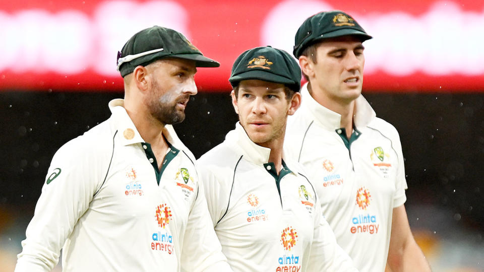 From left to right are Australia Test cricket teammates Nathan Lyon, Tim Paine and Pat Cummins.