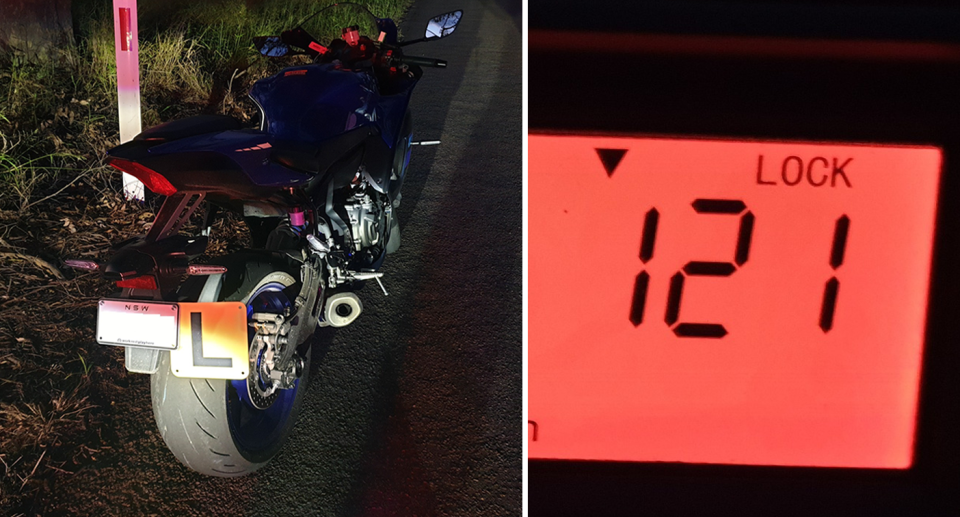 L-plate driver cops fine for driving 121 km/h (right) on highway in Singleton, NSW on his motorbike (left).