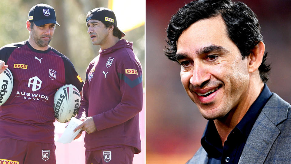 Johnathan Thurston talking to Cameron Smith and Thurston during broadcast.