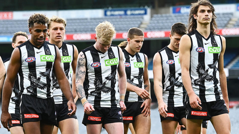 The Magpies are battling a torrid season on-field amid a background of off-field upheaval since the departure of former club president Eddie McGuire. (Photo by Quinn Rooney/Getty Images)