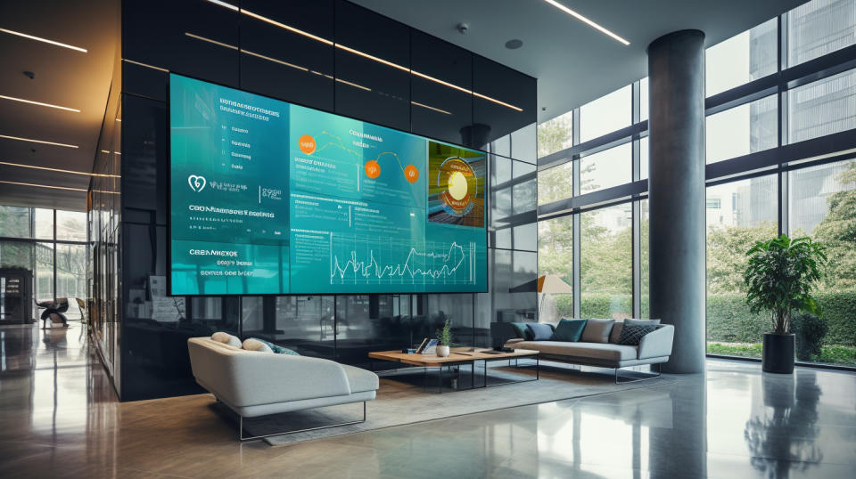 A modern office lobby with displays about online consumer finance offerings.