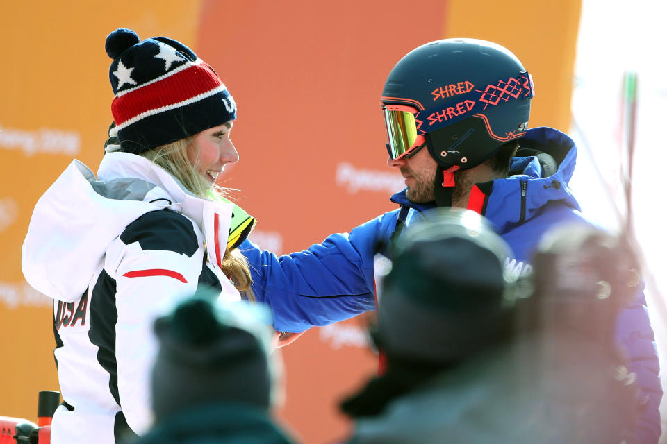 Mikaela Shiffrin, left, with boyfriend and French skier Mathieu Faivre in PyeongChang. (Getty)