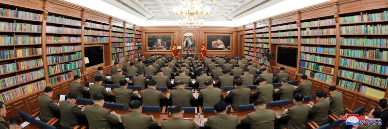 North Korean leader Kim Jong Un speaks during the Third Enlarged Meeting of the Seventh Central Military Commission of the Workers' Party of Korea