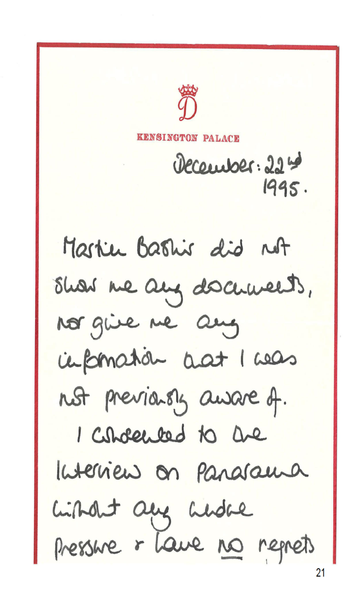 1/2 The letter written by the Princess of Wales to Martin Bashir after her 1995 Panorama interview with him, as published in an Annex to Lord Dyson's independent investigation into the circumstances around the programme. Issue date: Thursday May 20, 2021.