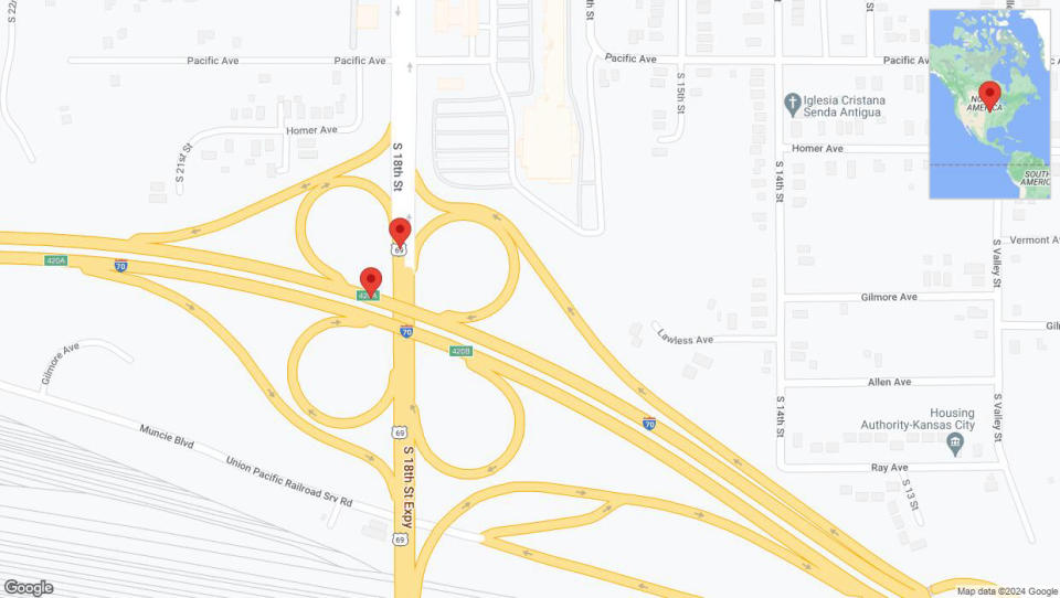 A detailed map that shows the affected road due to 'US-69 closed in Kansas City' on June 21st at 7:47 p.m.