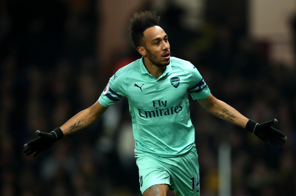 Pierre-Emerick Aubameyang of Arsenal celebrates scoring for Arsenal against Watford at Vicarage Road