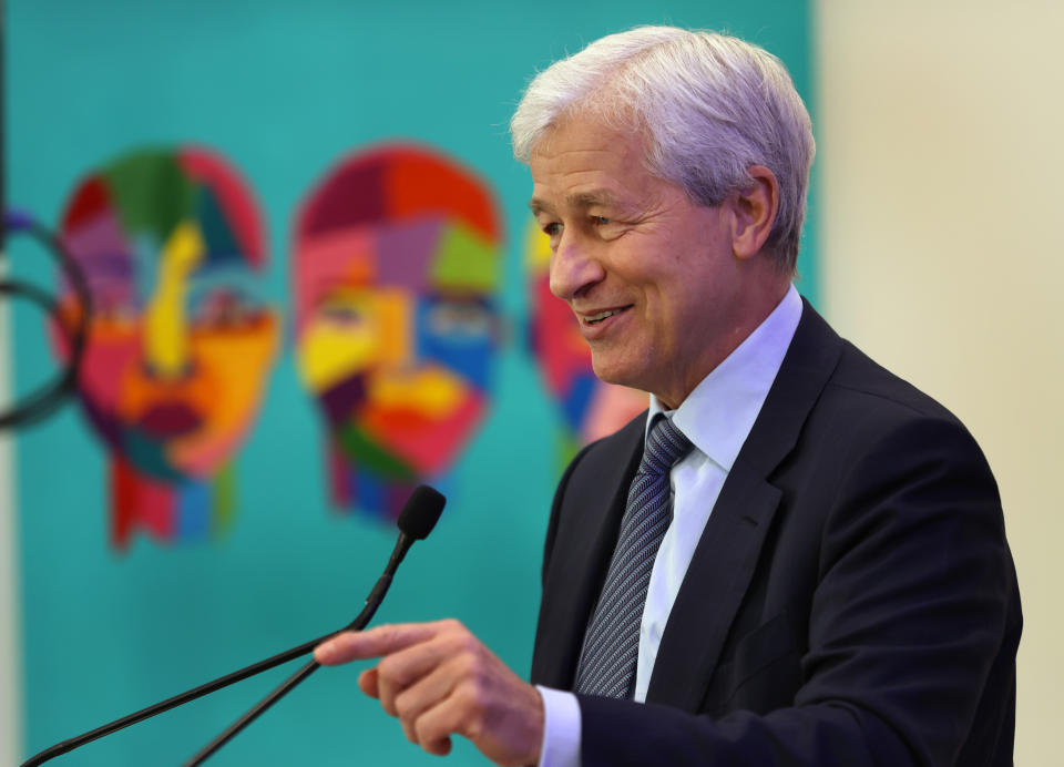 Mattapan, MA - November 23: J.P. Morgan Chase CEO Jamie Dimon spoke while visiting Mattapan, MA for a ribbon-cutting center for Chase's new Mattapan Community Center on November 23, 2021. (Photo by David L. Ryan/The Boston Globe via Getty Images)