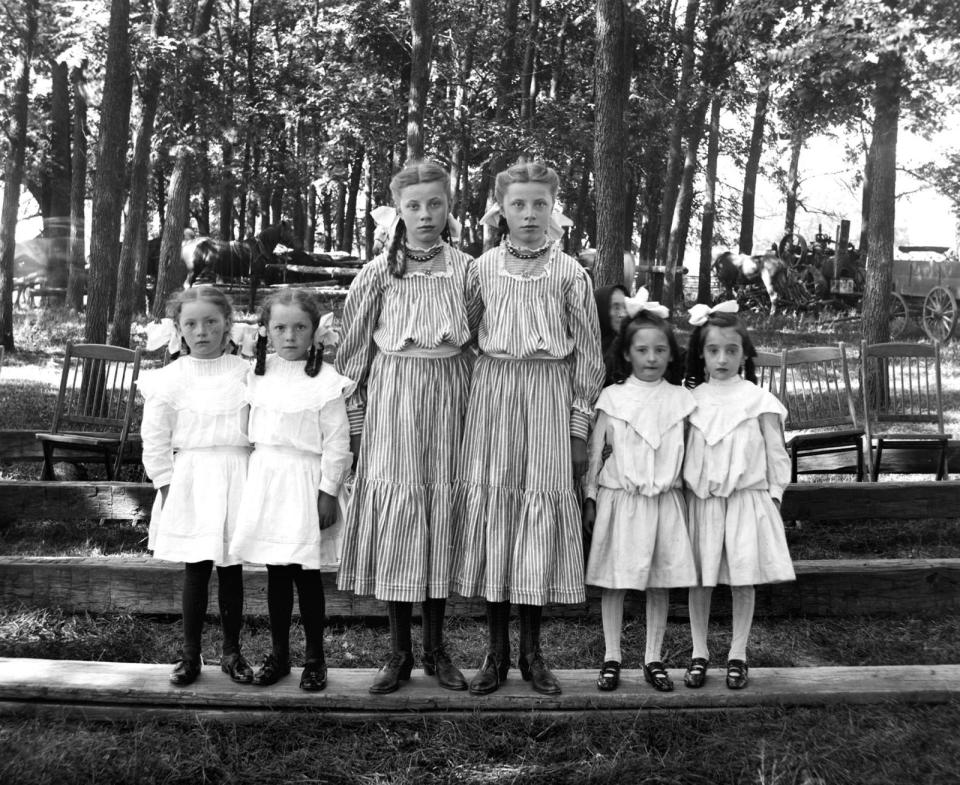 <p>Three sets of twin girls pose together for a portrait in 1895.</p>