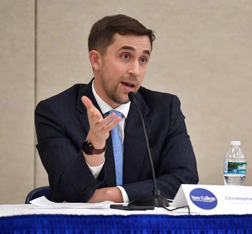 New College of Florida Trustee Christopher Rufo at the New College of Florida board of trustees meeting Tuesday, Jan. 31, 2023 in Sarasota. 