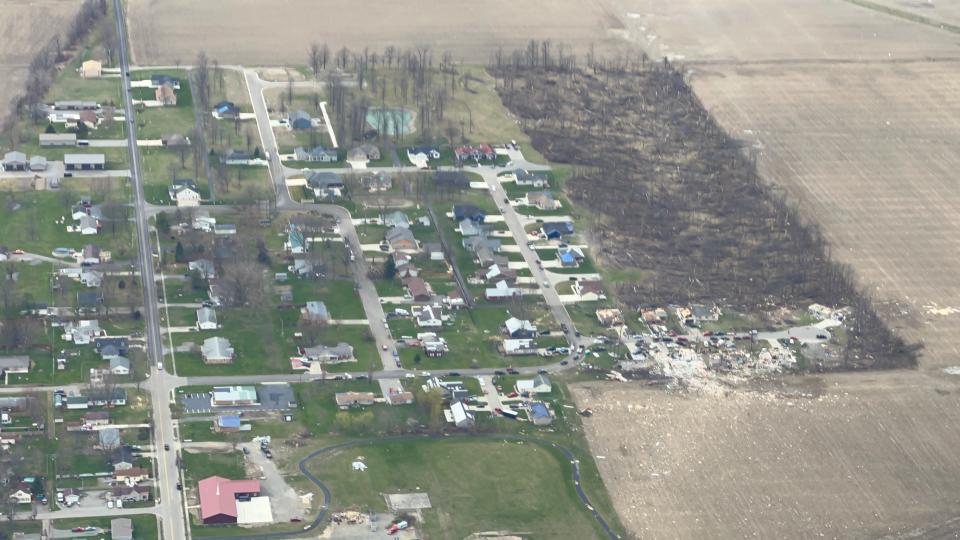 An aerial view on March 17 shows damage from the March 14 storms that hit a trailer park and other buildings in and around Lakeview, Ohio, on the southern shore of Indian Lake in Logan County.