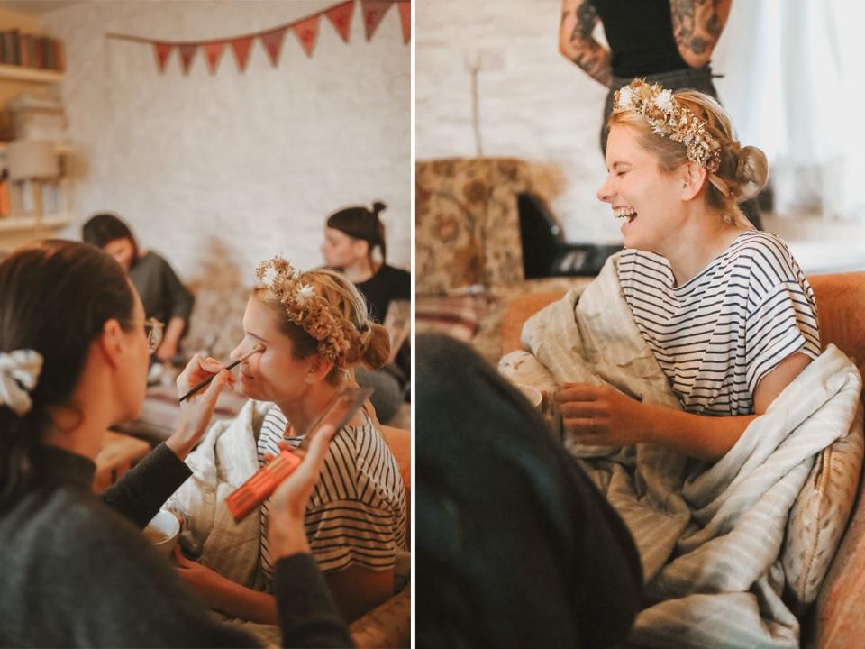 A side-by-side of a person getting ready for their wedding.