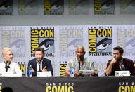 <p>Noomi Rapace, Joel Edgerton, Will Smith, and Edgar Ramirez at Netflix Films Comic-Con panel on July 20, 2017, in San Diego. (Photo: Kevin Winter/Getty Images) </p>