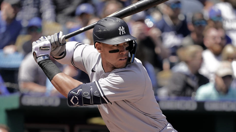 New York Yankees' Aaron Judge bats during the first inning of an MLB game 