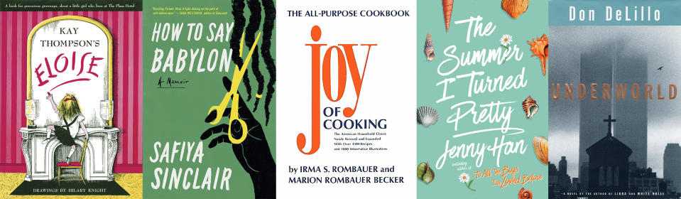 This combination of cover images shows "Eloise" by Kay Thompson, from left, "How to Say Babylon" by Safiya Sinclair, "Joy of Cooking" by Irma S. Rombauer and Marion Rombauer Becker, "The Summer I Turned Pretty" by Jenny Han, and "Underworld" by Don DeLillo. (Simon & Schuster via AP)