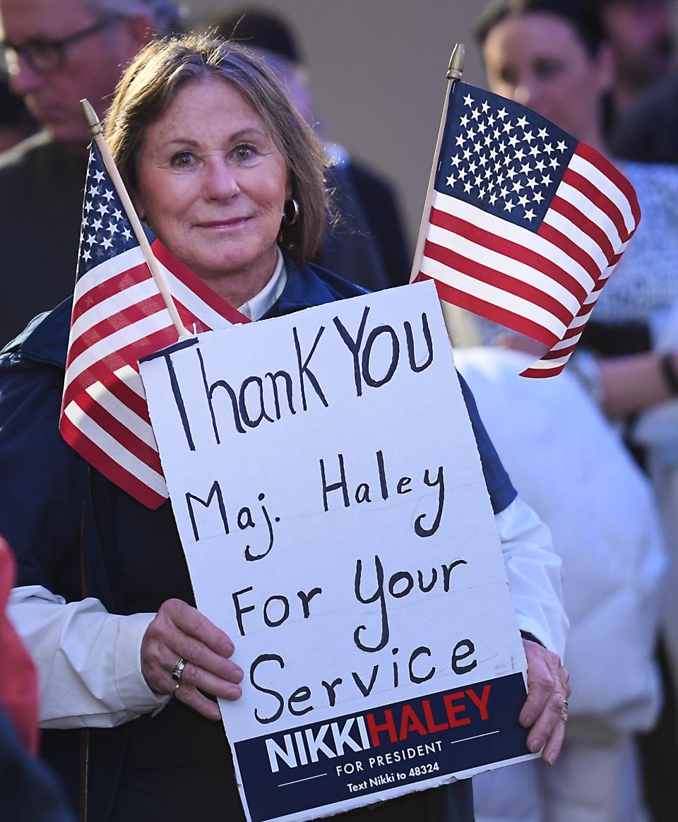 Nikki Haley, GOP presidential hopeful, campaigned in Rock Hill, S.C. on Sunday, Feb. 18, 2024. The former South Carolina governor and United Nations ambassador spoke at the Magnolia Room. Judith Shailor of Fort Mill, S.C., shows her support of Haley at the event.