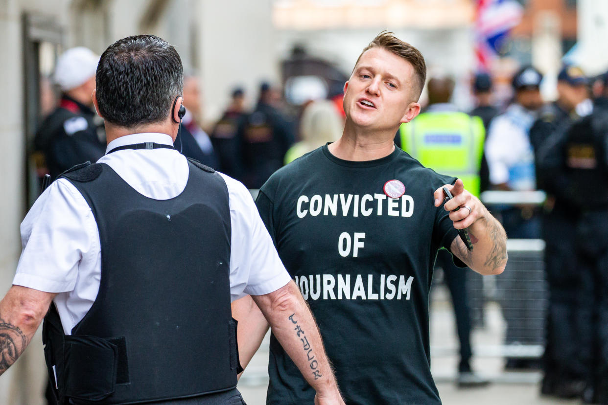 LONDON , UNITED KINGDOM - JULY 11: British far-right activist and former leader and founder of English Defence League (EDL), Tommy Robinson, whose real name is Stephen Yaxley-Lennon, arrives at the Old Bailey on July 11, 2019 in London, England. Tommy Robinson will be sentenced this morning after he was found to have committed contempt of court over a video he live-streamed on social media that featured defendants in a criminal trial. (Photo by Luke Dray/Getty Images)