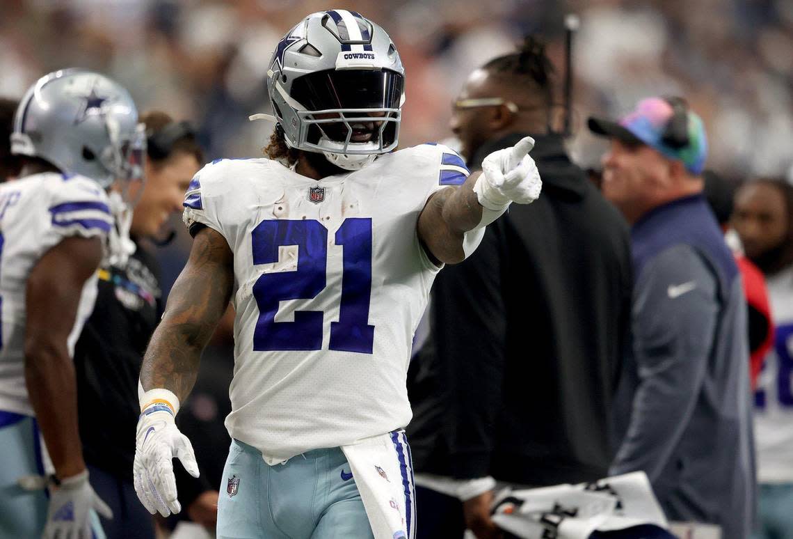 Dallas Cowboys running back reacts after getting back to the sideline during the first half against the Washington Commanders on Sunday, October 2, 2022, at AT&T Stadium in Arlington.