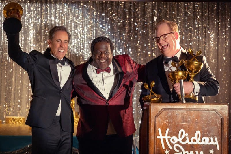 From left to right, Jerry Seinfeld, Cedric the Entertainer and Jim Gaffigan attend the cereal awards in "Unfrosted." Photo courtesy of Netflix