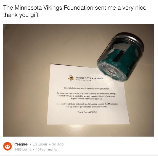 Vikings pay it forward, send charitable Eagles fans confetti from Super Bowl